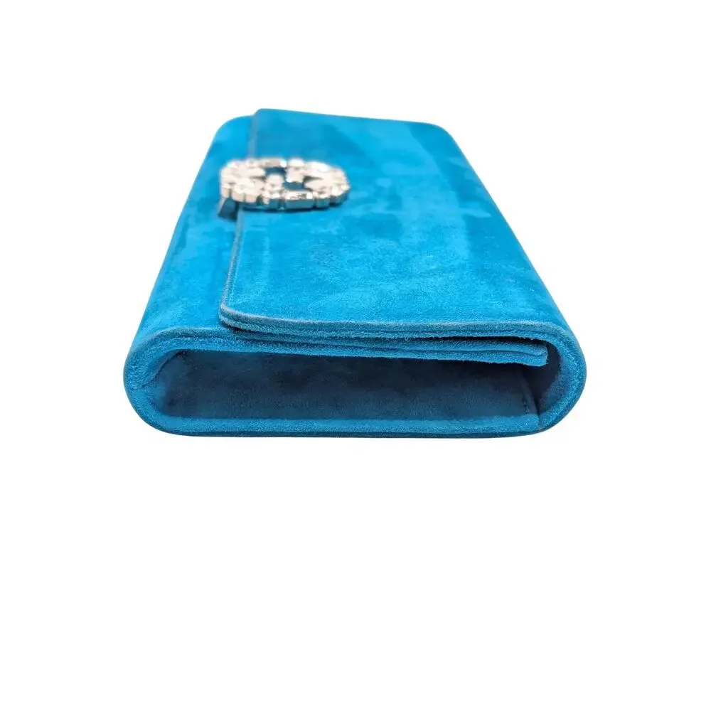 Gucci Broadway Teal Turquoise Blue Suede Swarovski Crystal Clutch Evening Bag